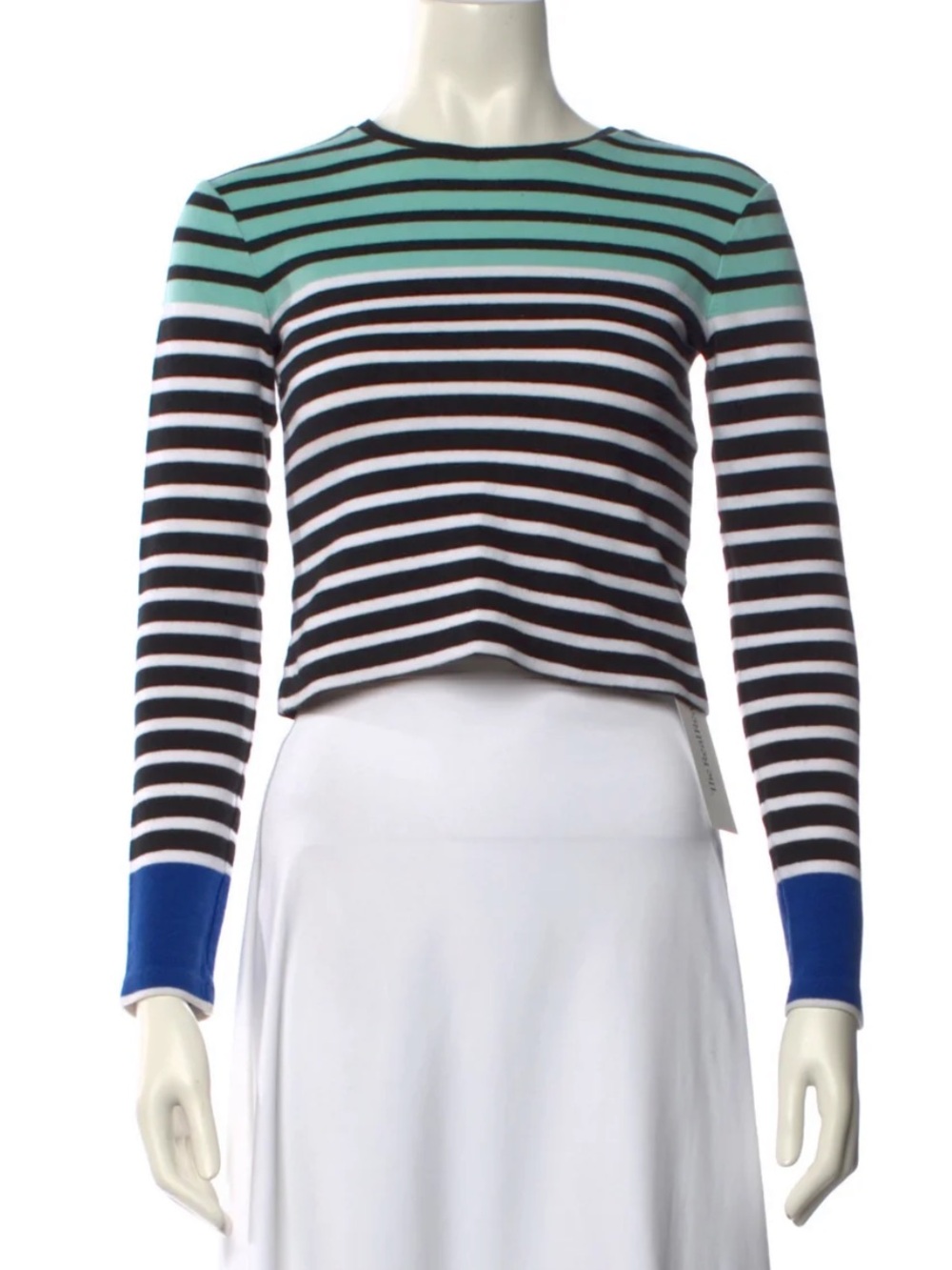 Striped Long-Sleeve Crop Top in Black, White & Mint